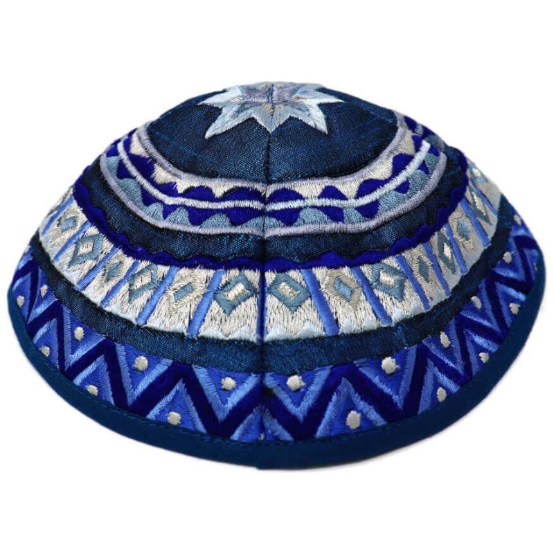 Blue Geometrical Embroidered Cotton Kippah By Yair | Kippahs | Judaica