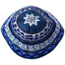 Blue Geometrical Embroidered Cotton Kippah By Yair | Kippahs | Judaica