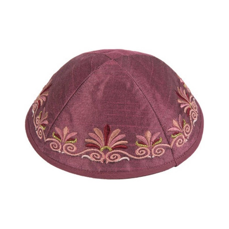 Maroon Embroidered Date Palm Kippah By Yair Emanue | Kippahs | Judaica