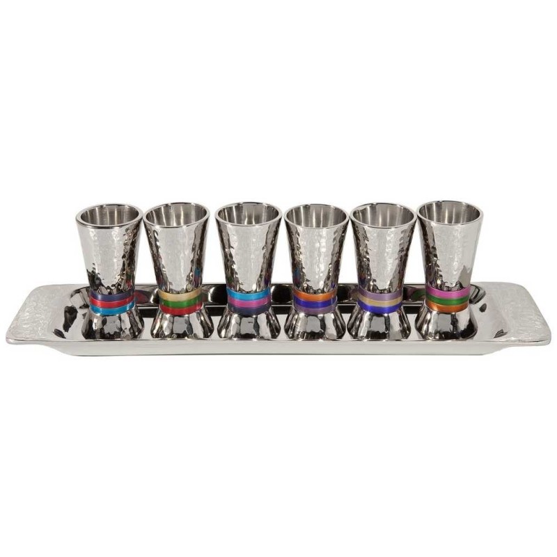 Hammered Kiddush Serving Set with Tray - Multicolo | Kiddush Cups | Ju