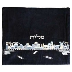 Blue Embroidered Velvet Jerusalem Skyline Tallit B | Tallit/Tallis | J
