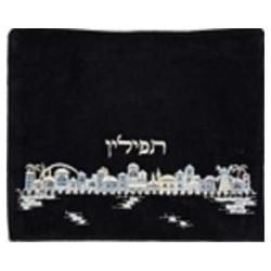 Blue Embroidered Velvet Jerusalem Skyline Tefillin | Tefillin & Access