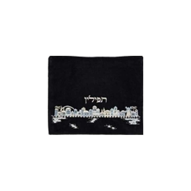 Blue Embroidered Velvet Jerusalem Skyline Tefillin | Tefillin & Access