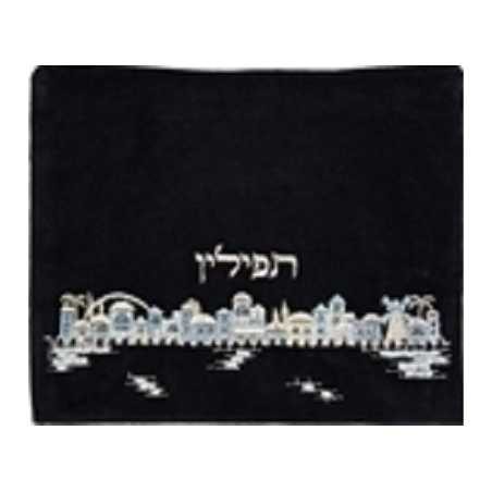Blue Embroidered Velvet Jerusalem Skyline Tefillin | Tefillin & Access