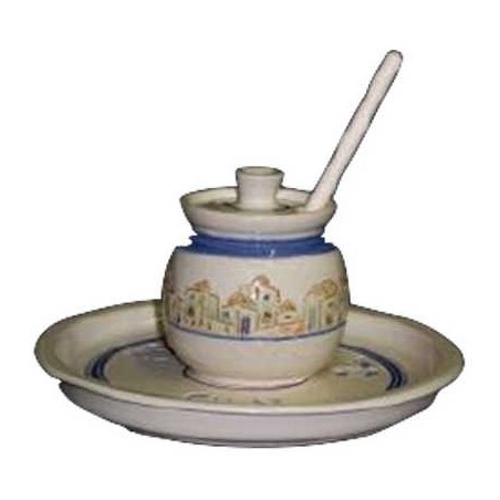 Jerusalem Ceramic Honey Pot & Apple Dish Set By Re | Rosh Hashanah | J