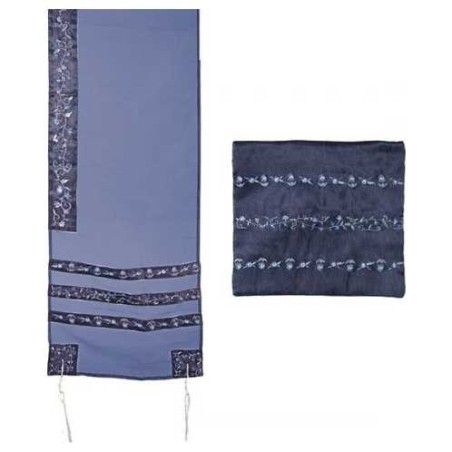 Navy Blue Organza Striped Floral Tallit Set By Yai | Tallit/Tallis | J