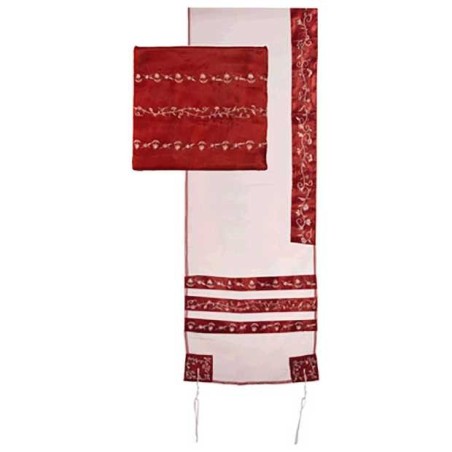 Red Organza Striped Floral Tallit Set By Yair Eman | Tallit/Tallis | J