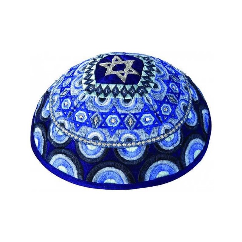 Magan David Embroidered Cotton Kippah - Blue | Kippahs | Judaica