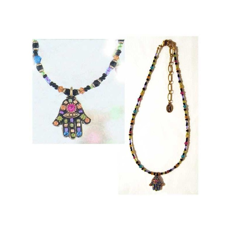 Multi Crystal Black Hamsa with Beaded Chain - Bead | Jewelry | Judaica