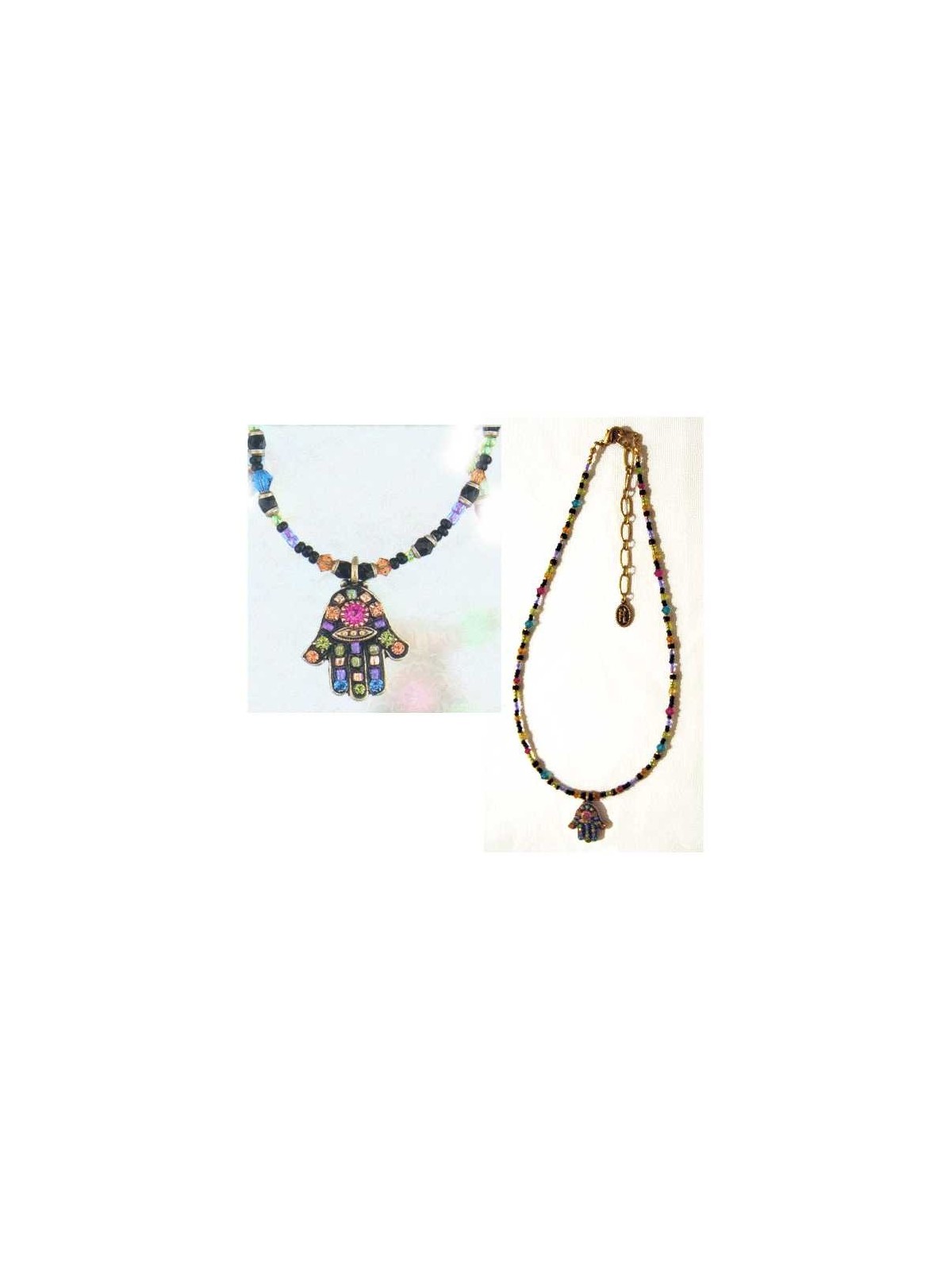 Multi Crystal Black Hamsa with Beaded Chain - Bead | Jewelry | Judaica