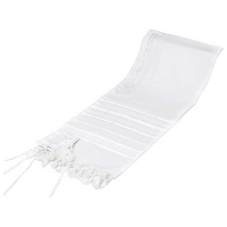 Tashbetz Traditional White with White Stripes Wool | Tallit/Tallis | J