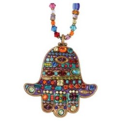 Multi-Color Jeweled Hamsa Necklace with Beaded Cha | Jewelry | Judaica