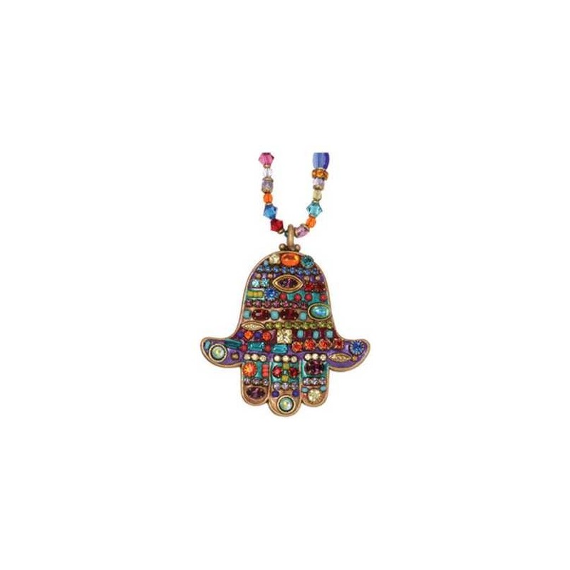Multi-Color Jeweled Hamsa Necklace with Beaded Cha | Jewelry | Judaica