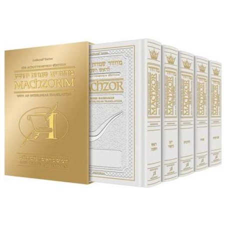 Interlinear Machzor 5 Vol. Set Full Size White Lea | Books | Judaica