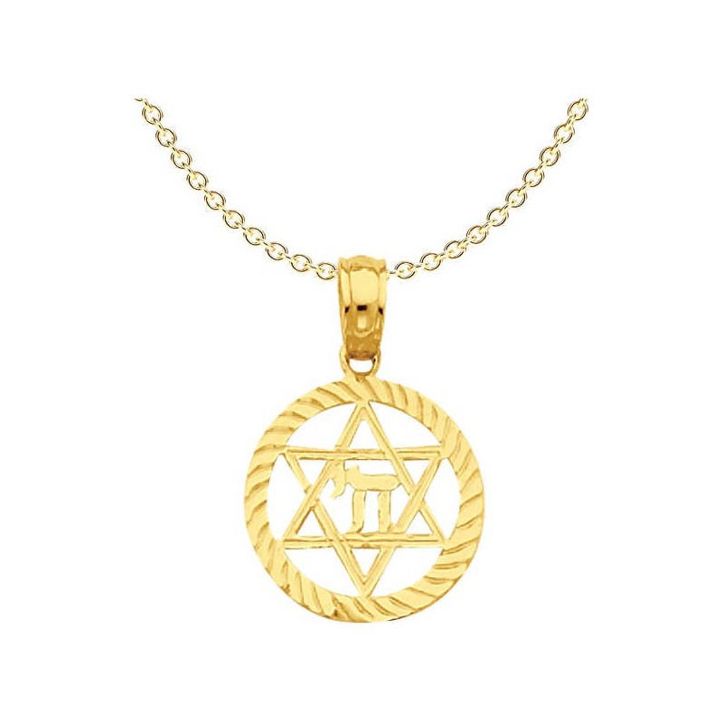 14k Yellow Gold Star of David and Chai Circle Pend | Jewelry | Judaica
