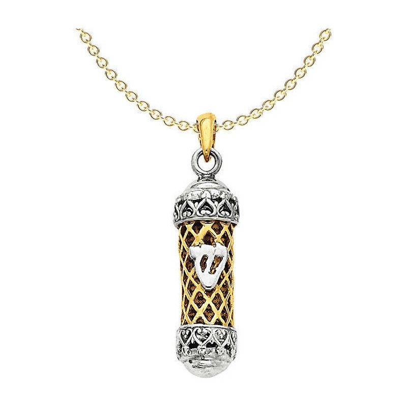 14k Two-Tone Gold Mezuzah WIth Shin Pendant | Jewelry | Judaica