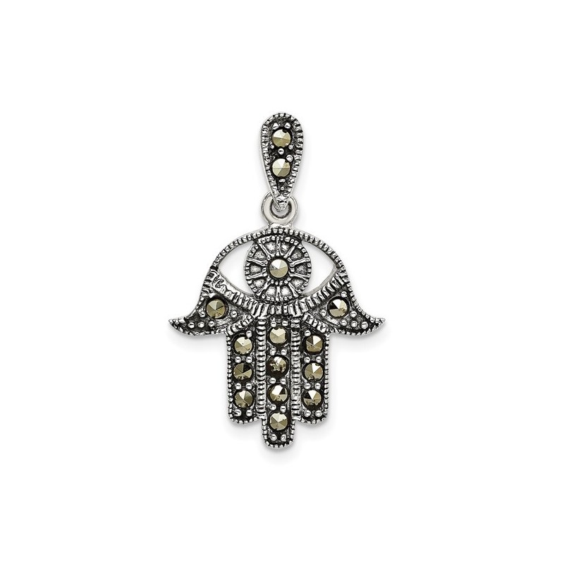 Sterling Silver Antiqued Marcasite Hamsa Pendant | Jewelry | Judaica