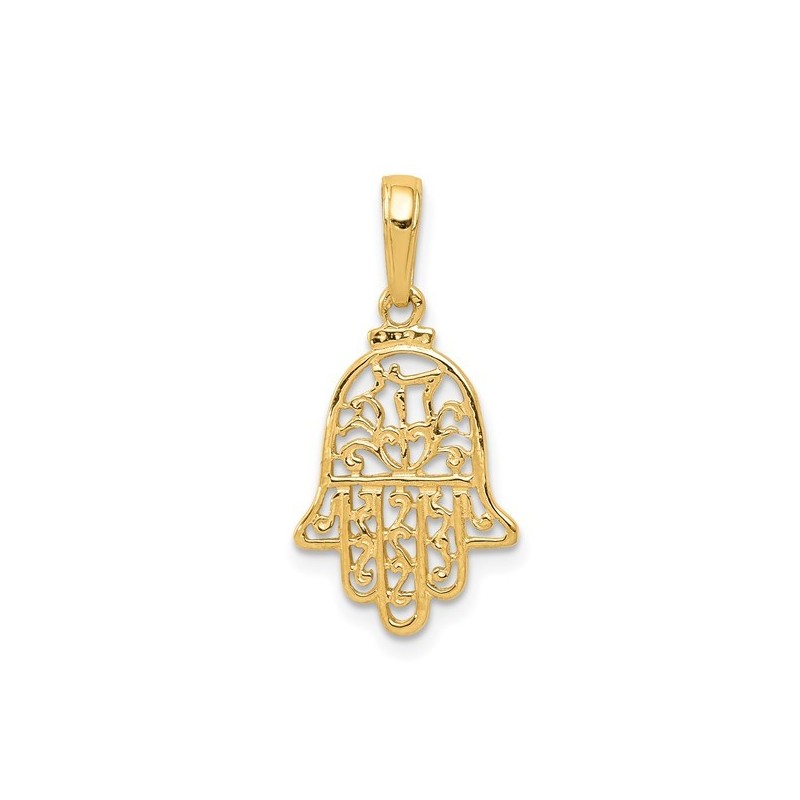 14k Yellow Gold Filigree Hamsa Chai Pendant | Jewelry | Judaica