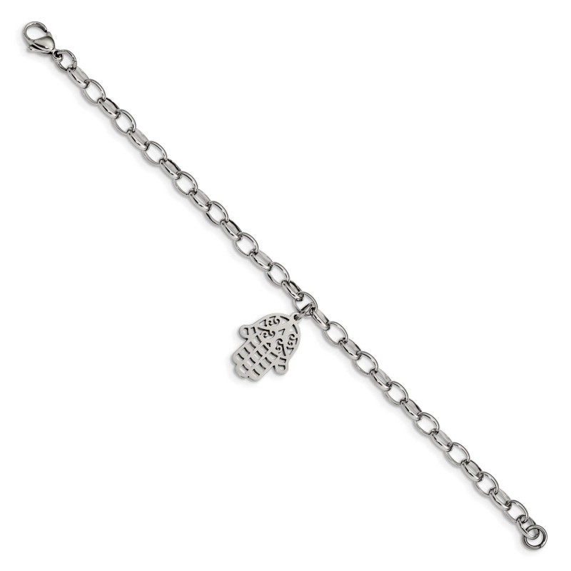 Stainless Steel Polished Hamsa 7in. Bracelet | Jewelry | Judaica
