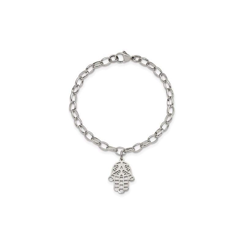 Stainless Steel Polished Hamsa 7in. Bracelet | Jewelry | Judaica