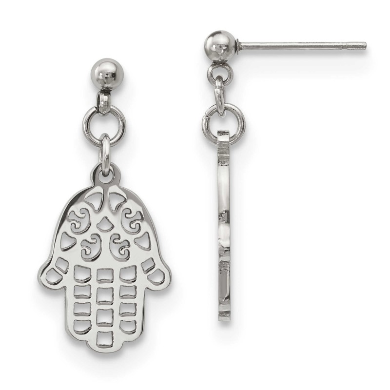 Polished Stainless Steel Hamsa Dangle Earrings | Jewelry | Judaica