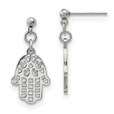 Polished Stainless Steel Hamsa Dangle Earrings | Jewelry | Judaica