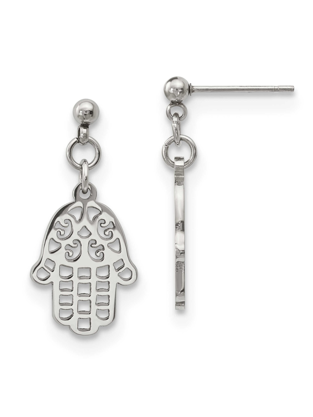 Polished Stainless Steel Hamsa Dangle Earrings | Jewelry | Judaica