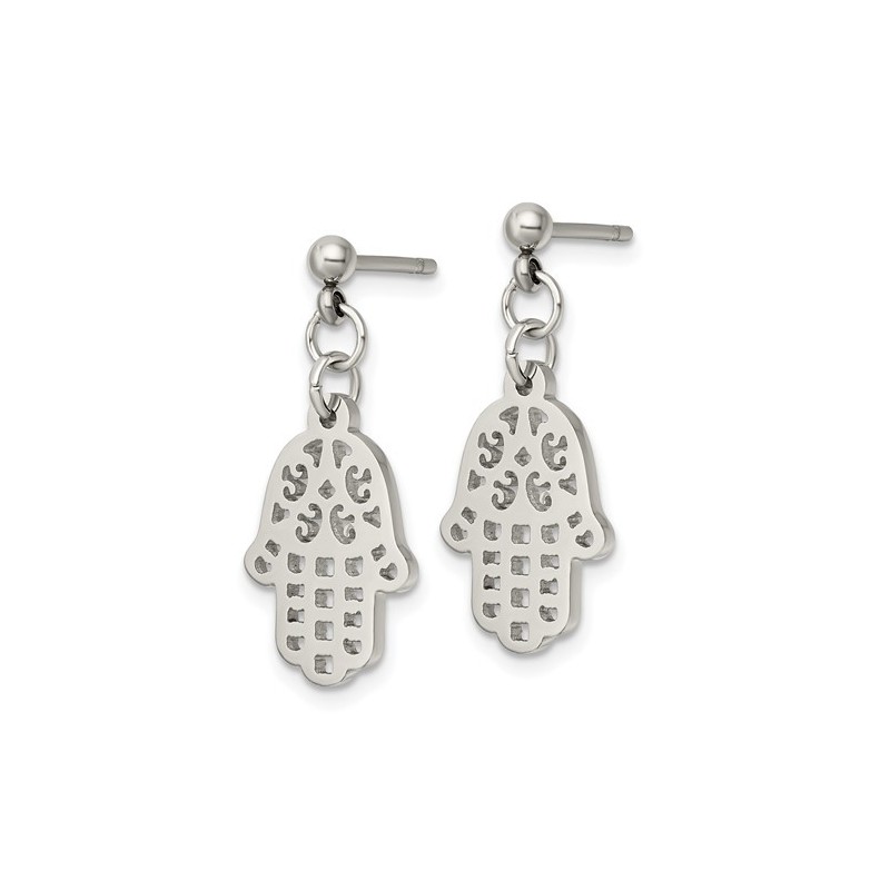 Polished Stainless Steel Hamsa Dangle Earrings | Jewelry | Judaica