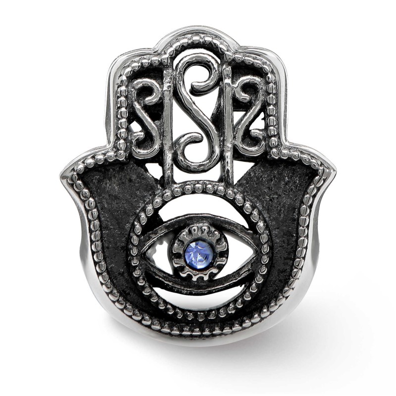Sterling Silver Antiqued Blue Crystal Hamsa Bead | Jewelry | Judaica