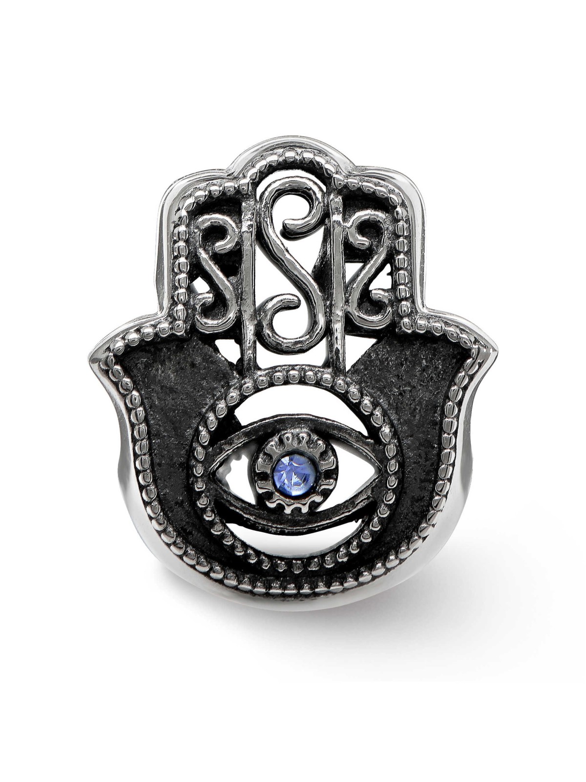 Sterling Silver Antiqued Blue Crystal Hamsa Bead | Jewelry | Judaica