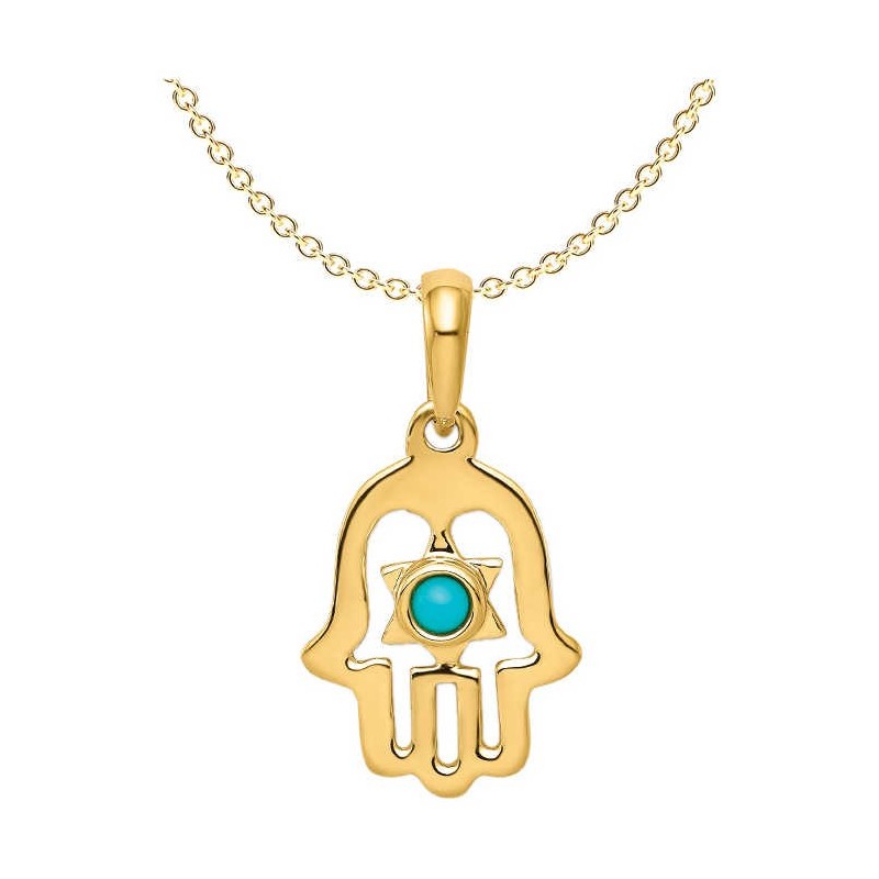 14k Yellow Gold Star of David Turquoise Hamsa Pend | Jewelry | Judaica