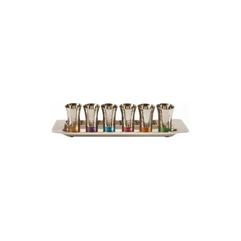 Set of 6 Hammered Small Cups and Tray - Multicolor | Kiddush Cups | Ju