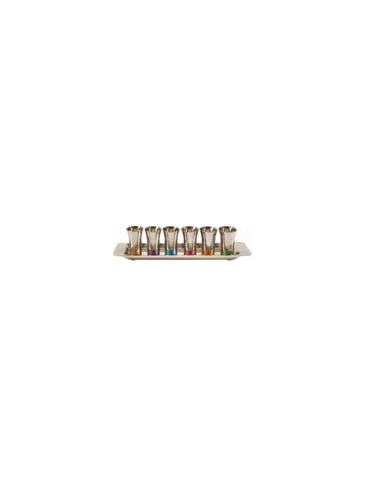 Set of 6 Hammered Small Cups and Tray - Multicolor | Kiddush Cups | Ju