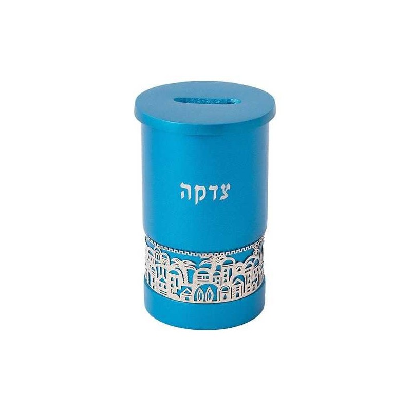 Turquoise Tzedakah Box With Silver Jerusalem Overl | Tzedakah Boxes |