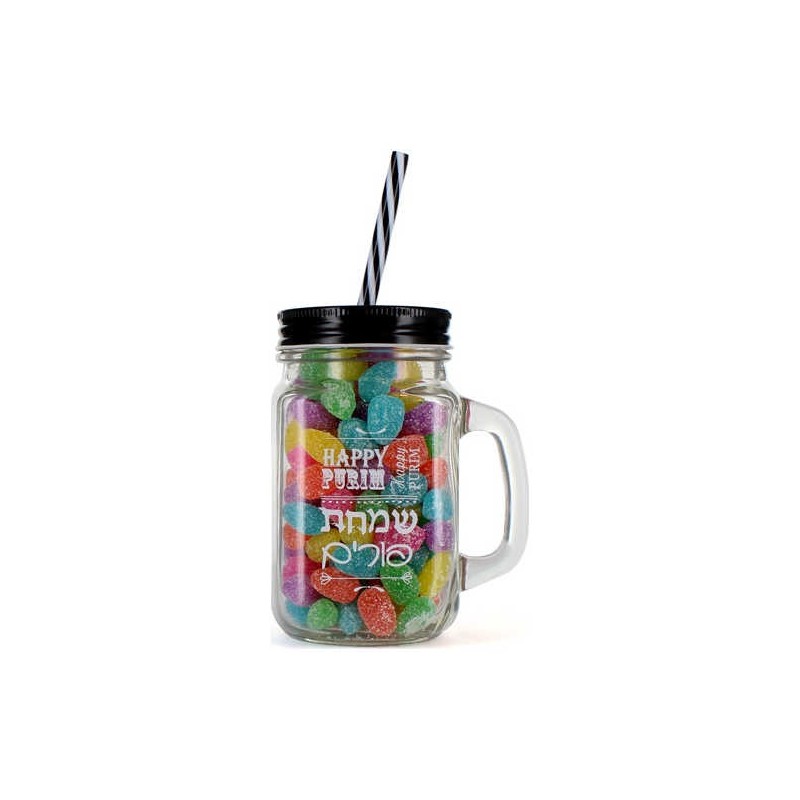 Happy Purim Mason Jar with Black Lid & Straw | Home Goods | Judaica