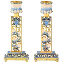 Teal & Ivory Hand Painted Pomegranate Candlesticks | Candle Holders |