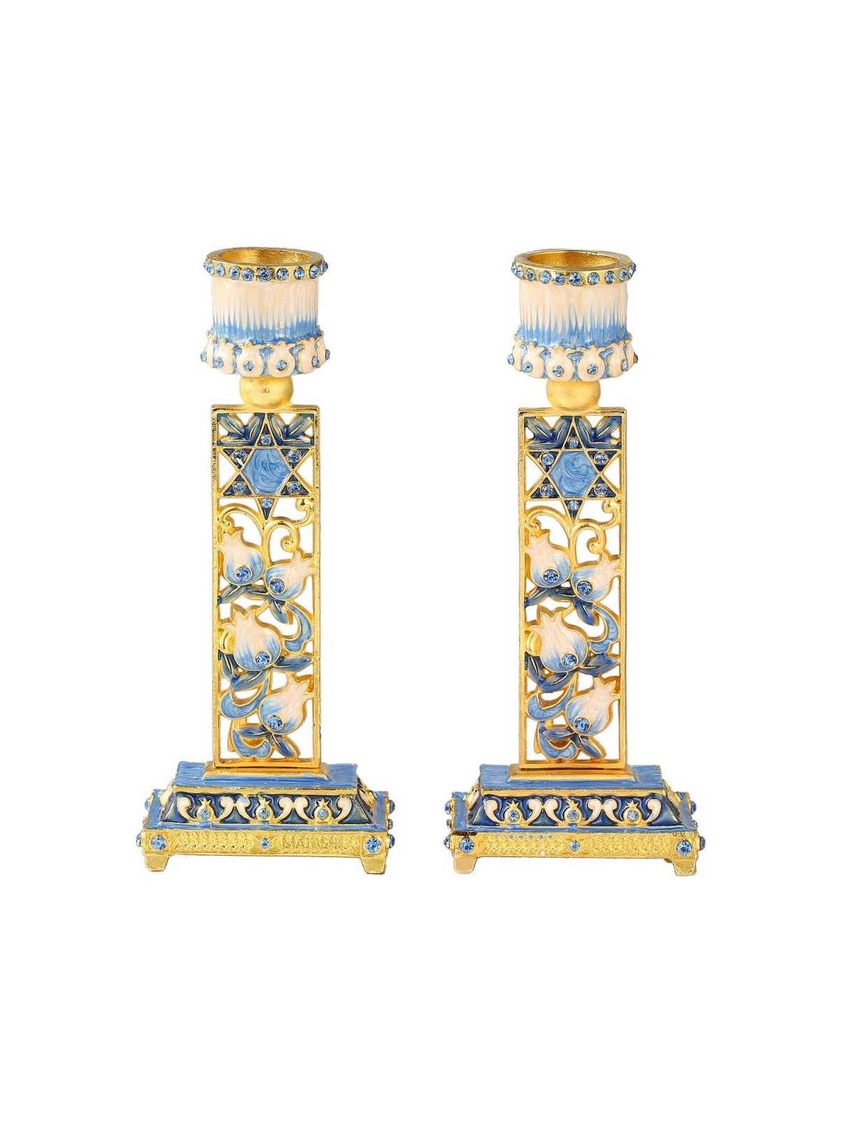 Teal & Ivory Hand Painted Pomegranate Candlesticks | Candle Holders |