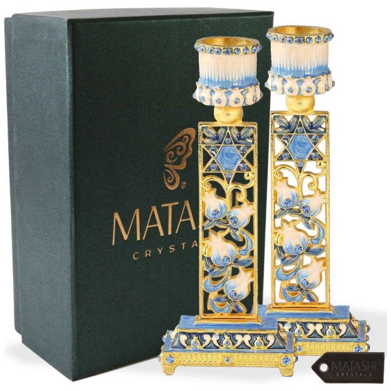 Teal & Ivory Hand Painted Pomegranate Candlesticks | Candle Holders |