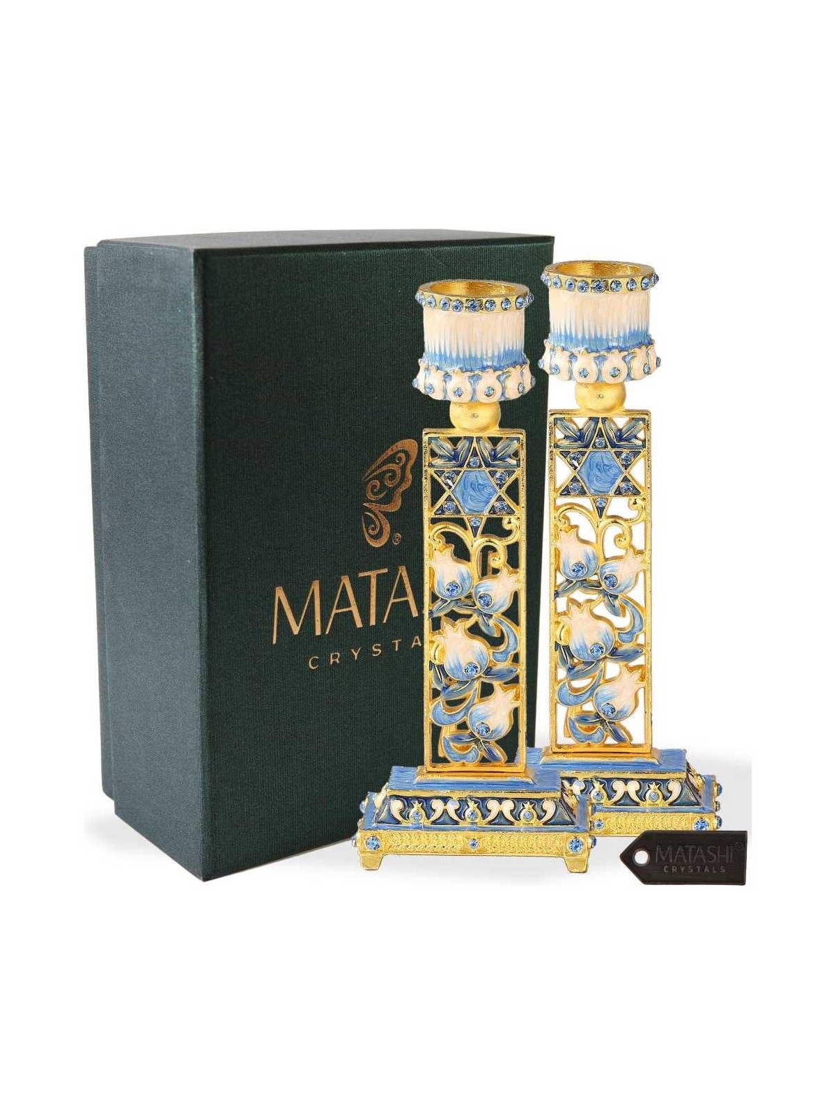 Teal & Ivory Hand Painted Pomegranate Candlesticks | Candle Holders |