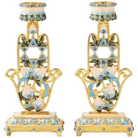 Teal & Ivory Hand Painted Hamsa Candlesticks with  | Candle Holders |
