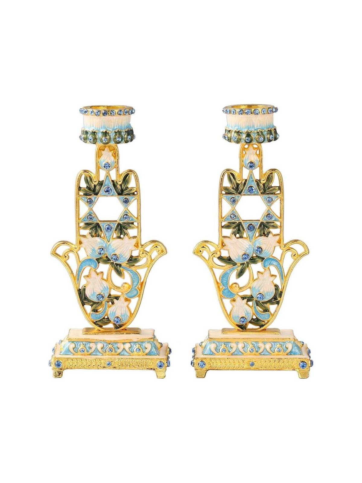 Teal & Ivory Hand Painted Hamsa Candlesticks with  | Candle Holders |