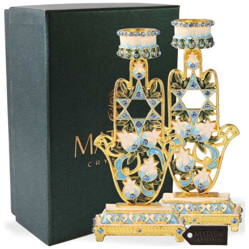 Teal & Ivory Hand Painted Hamsa Candlesticks with  | Candle Holders |