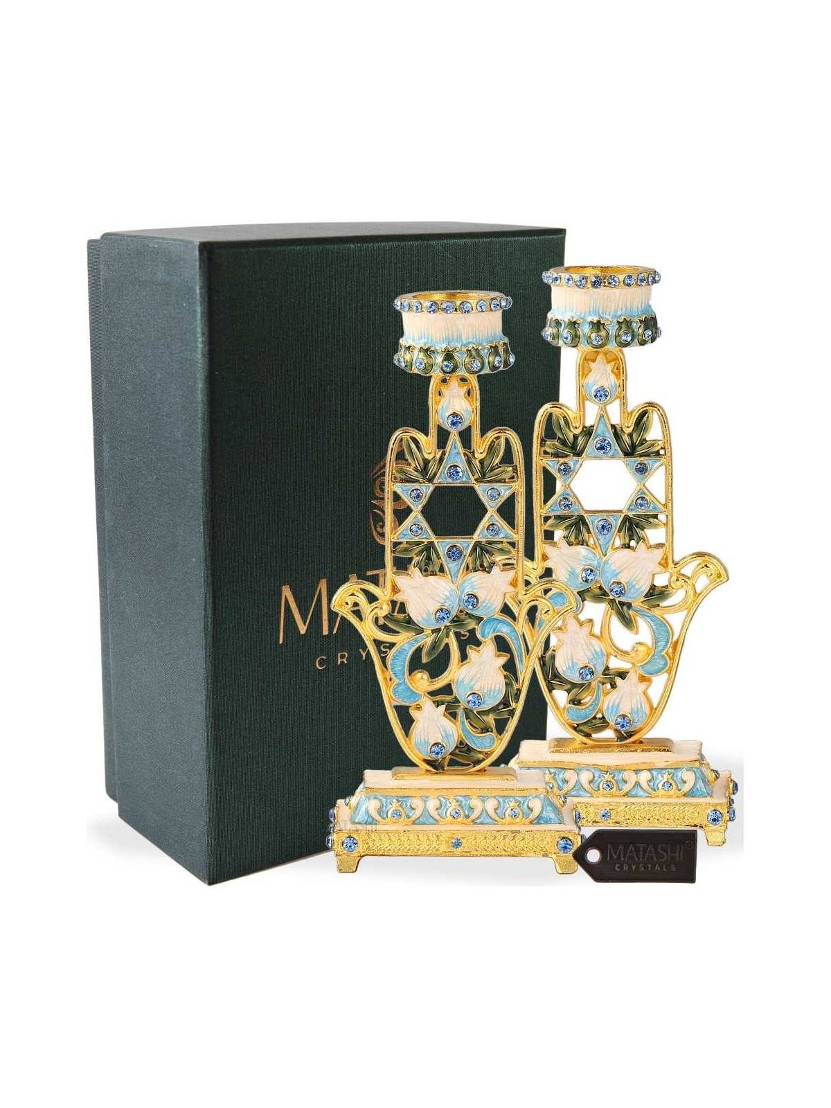 Teal & Ivory Hand Painted Hamsa Candlesticks with  | Candle Holders |