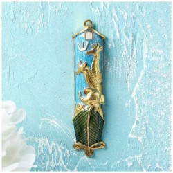 Étui Mezuzah cristallisé en forme d'arche de Noé peint à la main, bleu et vert, accentué d'or