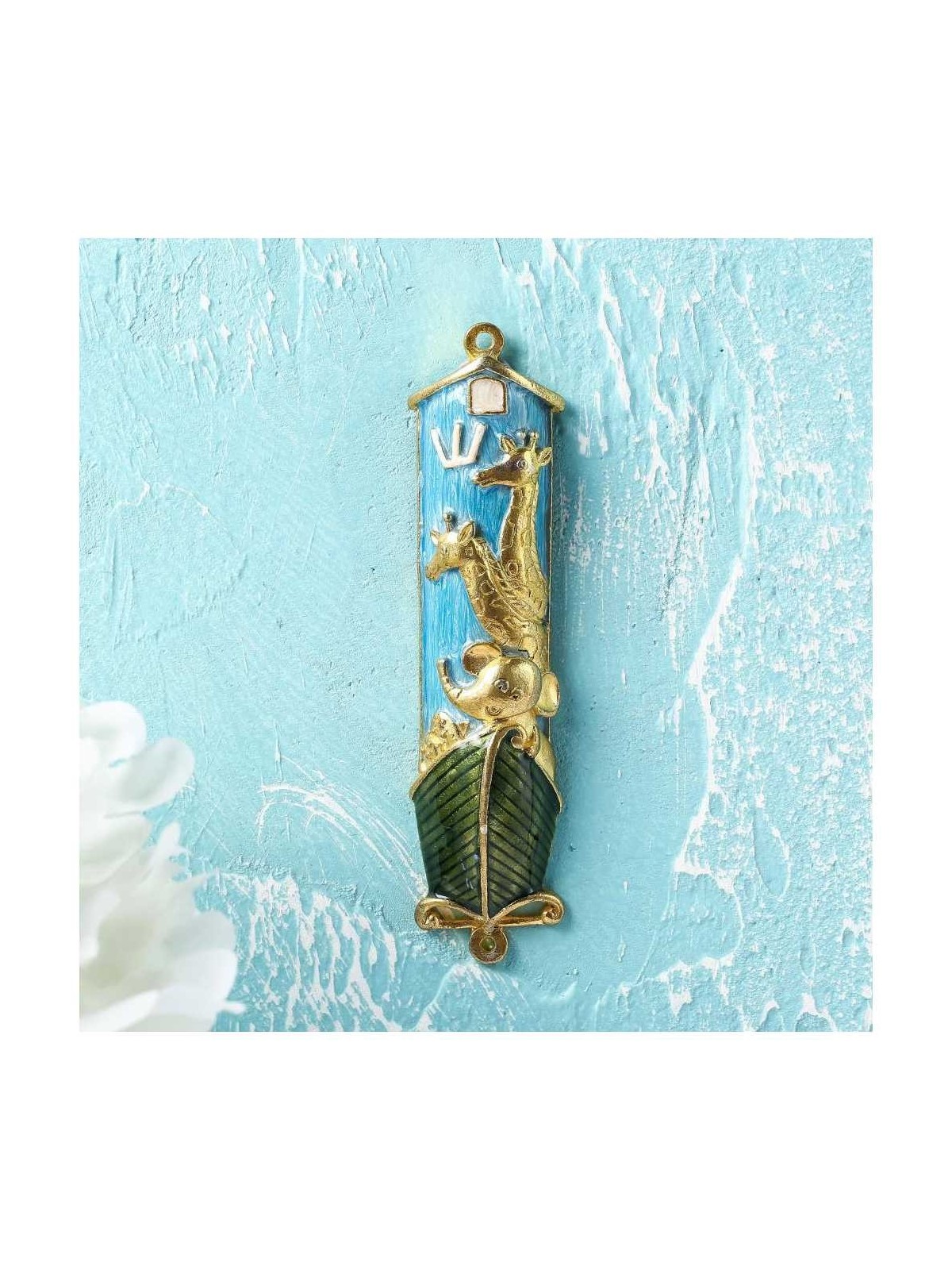 Gold Accented Blue and Green Hand Painted Noah's A | Mezuzahs | Judaic