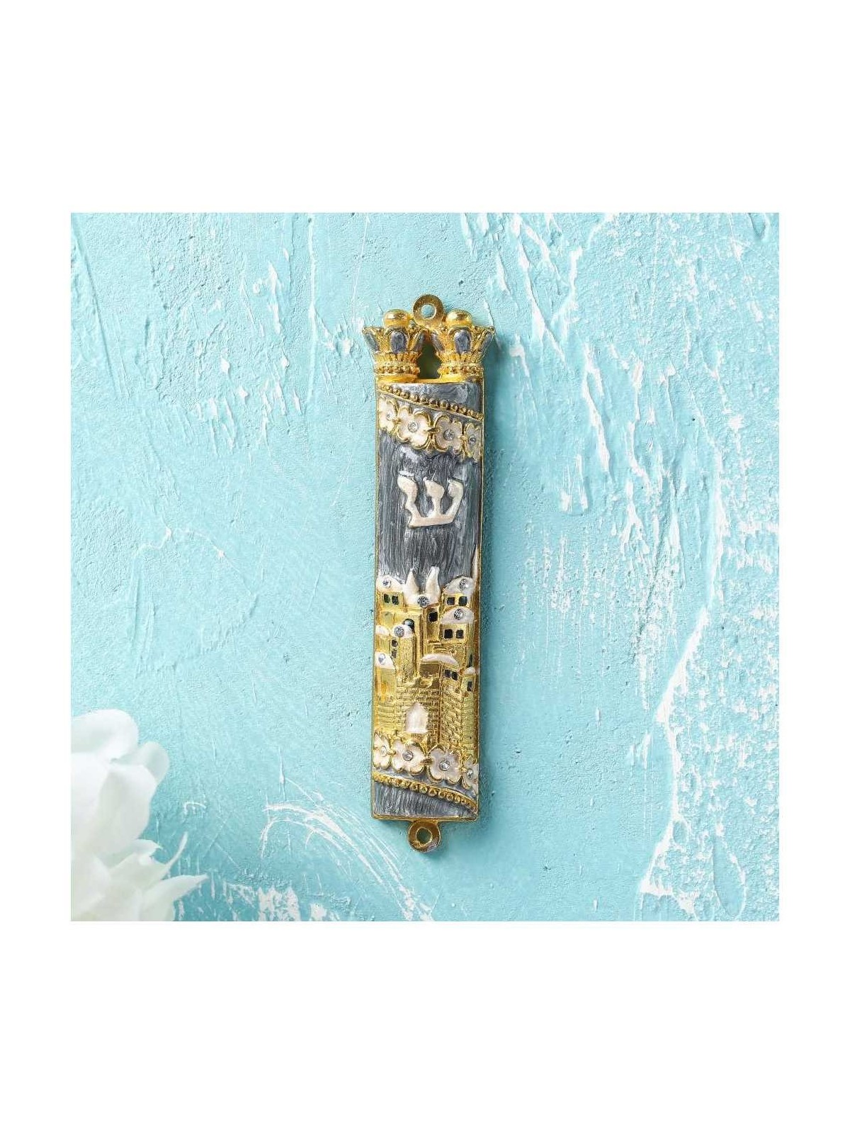 Gold and Gray Hand Painted Jerusalem Design Crysta | Mezuzahs | Judaic