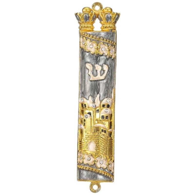 Gold and Gray Hand Painted Jerusalem Design Crysta | Mezuzahs | Judaic