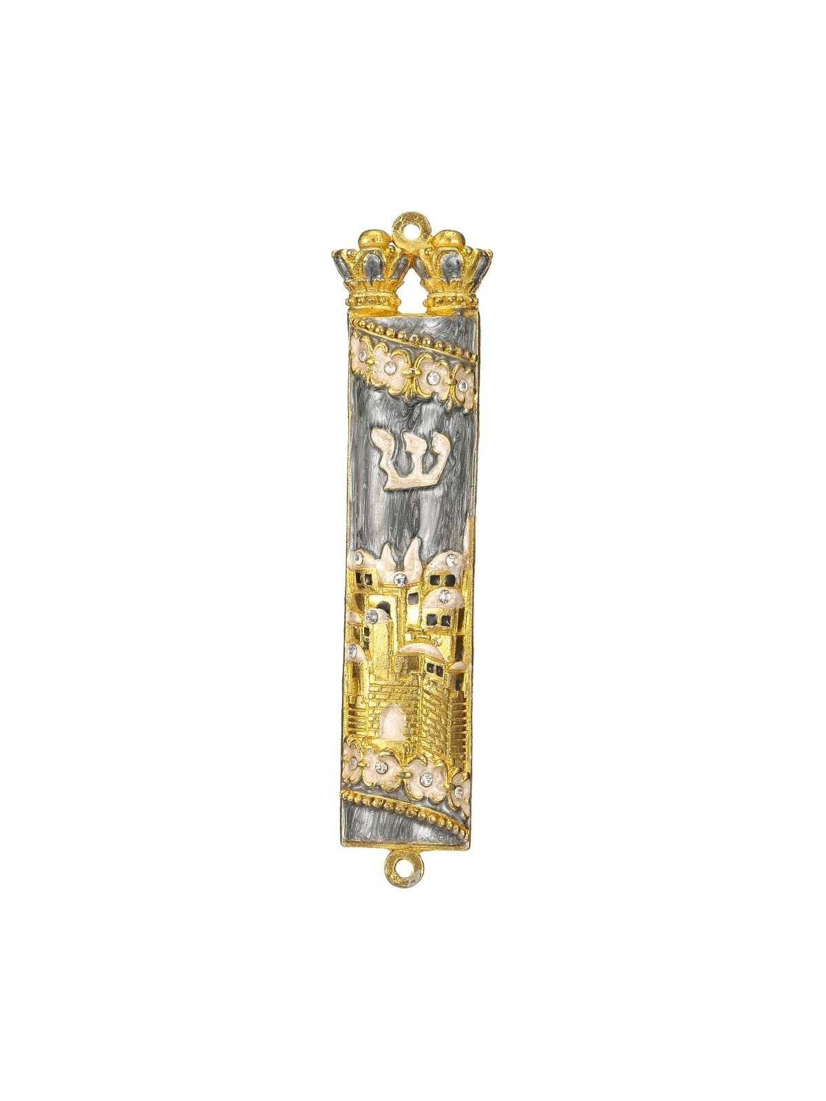 Gold and Gray Hand Painted Jerusalem Design Crysta | Mezuzahs | Judaic