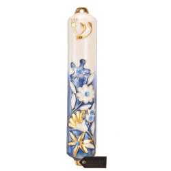 Blue and Ivory Crystaled Hand Painted Flower Mezuz | Mezuzahs | Judaic