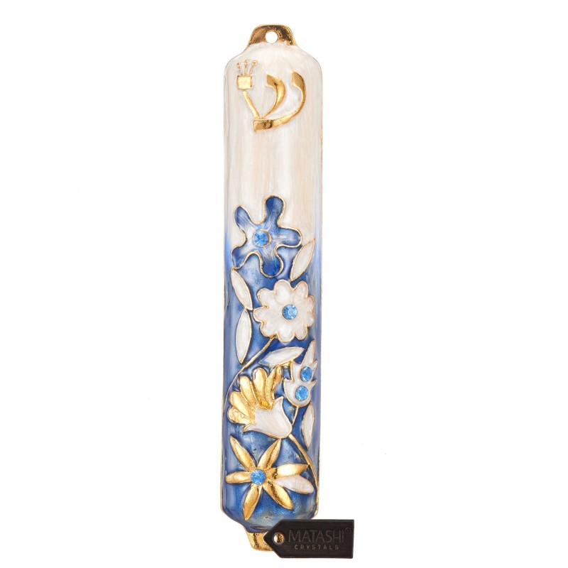 Blue and Ivory Crystaled Hand Painted Flower Mezuz | Mezuzahs | Judaic